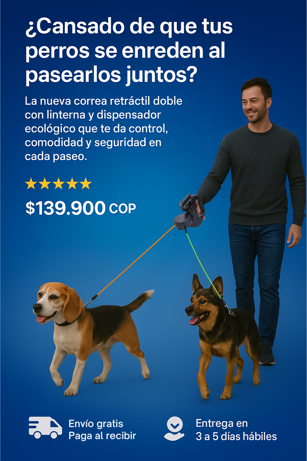 Correa Retráctil Perros Doble Con Linterna